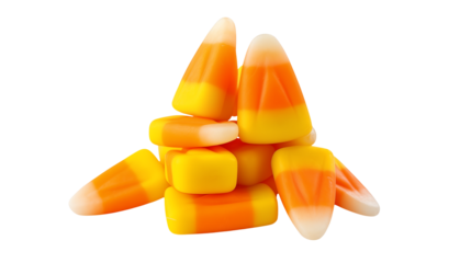 A pile of candy corn pieces stacked together on a black background, isolated and bright isolated on transparent background