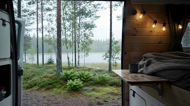 Rainy Lake View from Inside Camper Van &ndash; Cozy Interior with Tranquil Ambience and Relaxing Travel Loop Footage