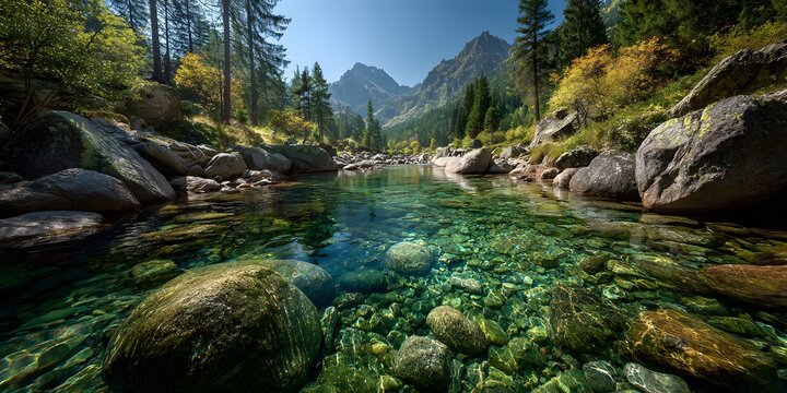 Split-level photograph of a clear mountain stream, capturing a sunny pine forest landscape above and a vibrant underwater world with moss-covered cobblestones and rising air bubbles below.