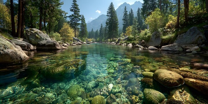 Split-level photograph of a clear mountain stream, capturing a sunny pine forest landscape above and a vibrant underwater world with moss-covered cobblestones and rising air bubbles below.