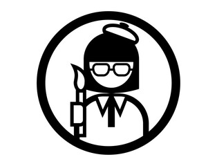 絵筆を持った画家の丸いシンプルなモノクロイラストアイコン