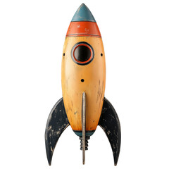 3D retro wooden rocket model, aged texture, classic shape, PNG transparent background, suitable for creative design