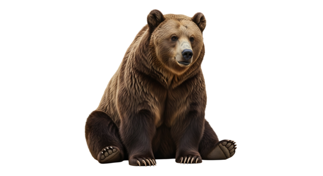 Sitting Brown Bear Looking Away on White Background