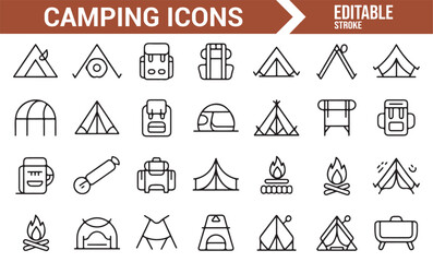 Vector icons for camping, hiking, and outdoor exploration in a minimalistic style