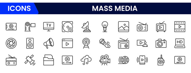 Dynamic vector web line icons depicting mass media, journalism, broadcasting, news, television, and digital communication for global information sharing.