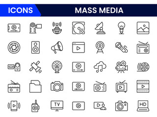 Dynamic vector web line icons depicting mass media, journalism, broadcasting, news, television, and digital communication for global information sharing.