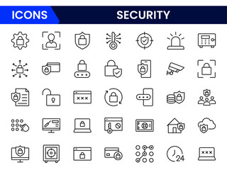 Robust vector web line icons depicting security, cybersecurity, locks, encryption, protection, and safe digital environments for user confidence.