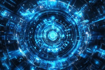 Fototapeta premium Abstract blue technology background with glowing circles and circular elements, vector illustration, dark color palette, futuristic tech style