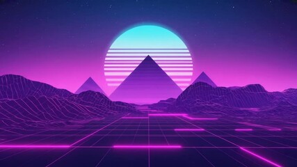 A desert of glowing magenta grid lines surreal neon sky. Pyramids semi-transparent purple glass deep pink sun gradients that ripple triangular dunes. Calm, mysterious, yet high-tech - Powered by Adobe
