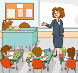 Classroom with students and teacher.students and teacher in classroom children learning education concept.vector illustration of Teacher Woman Teaching in Classroom 