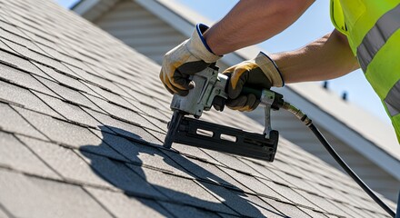 Roofer Nailing Gray Shingles with Nail Gun on Sunny Roof