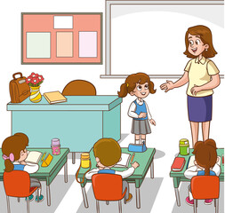 Classroom with students and teacher.students and teacher in classroom children learning education concept.vector illustration of Teacher Woman Teaching in Classroom 