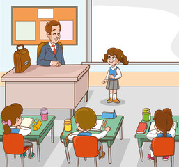 Classroom with students and teacher.students and teacher in classroom children learning education concept.vector illustration of Teacher Woman Teaching in Classroom 