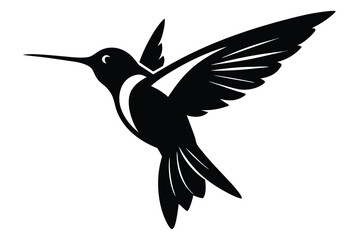 A black hummingbird gracefully flies with its wings outstretched, as the bird soars elegantly