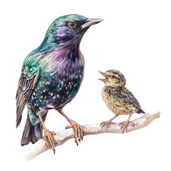 A Mother Starling With Her Kid, watercolor drawing vector, isolated on a white background.