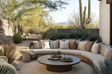 Cozy outdoor living space designed for relaxation in a natural setting with a circular sofa and vibrant desert plants under clear skies