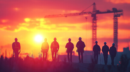 Silhouette Of Engineer And Construction Team Working At Site During Pastel Sunset Light