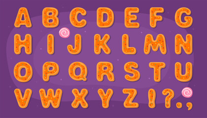 Collection of letters of the Latin alphabet in the form of gingerbread cookies. Gingerbread cookies for Halloween with orange icing, dark purple background. Elements for Halloween design.