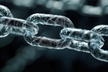 Blockchain network visualization highlighting interconnected links and chains representing digital transactions and data transfer paths in a technological environment
