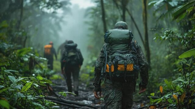 Navigating the Jungle: A team of adventurers treks through a verdant, rain-soaked jungle trail, showcasing resilience, exploration, and the allure of the unknown.