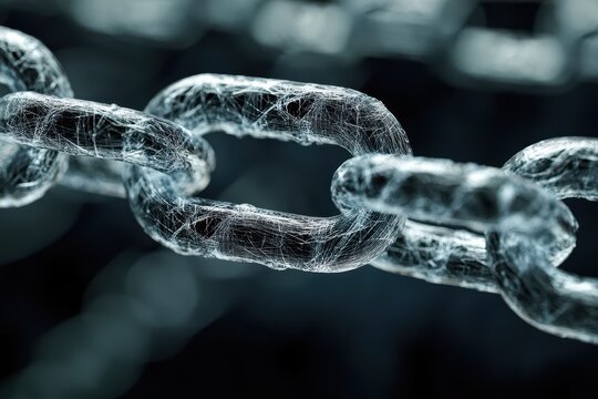 Blockchain network visualization highlighting interconnected links and chains representing digital transactions and data transfer paths in a technological environment