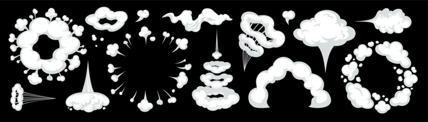 Vector cartoon smoke cloud with comic boom, puff, and trail effects on black background. Smoke and clouds in dynamic cartoon style. Perfect for comics, games, and animation scenes