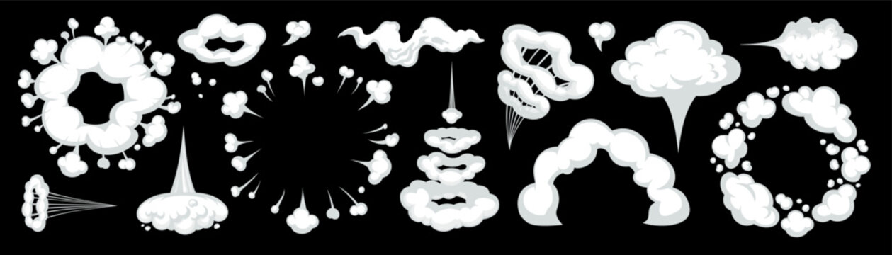 Vector cartoon smoke cloud with comic boom, puff, and trail effects on black background. Smoke and clouds in dynamic cartoon style. Perfect for comics, games, and animation scenes