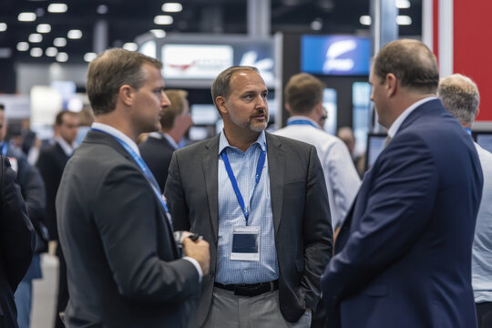 Business executives engaged in discussion during a networking event in a convention center aiming to foster collaboration and innovation among industry leaders in mid-2023