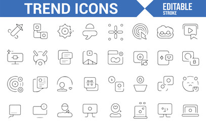 Collection of minimalist icons depicting social media trends, video, and engagement tools.