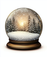 A classic snow globe featuring a serene winter forest scene with snow-covered pine trees and a glowing sunset, set against a swirling flurry of snowflakes.