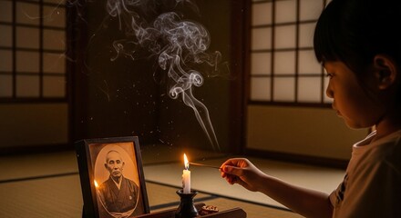 Japanese boy lighting incense stick in memory of ancestor for obon festival celebration at home altar