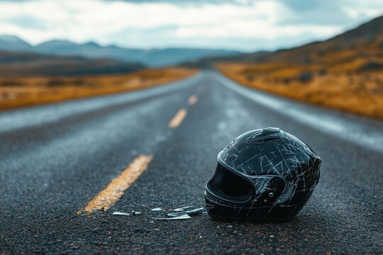 Broken black motorcycle helmet lying on cracked asphalt road in rural landscape under cloudy sky