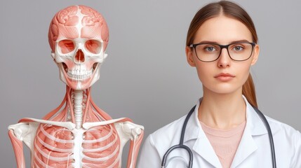 Female Doctor Posing with Human Skeleton Model for Education