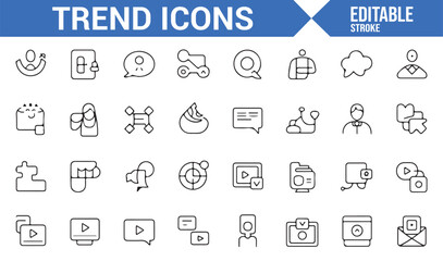 Set of line icons representing popular social media, video, and marketing trends.