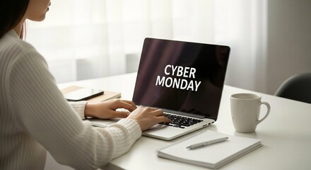 Cyber monday deals online shopping woman using laptop for sales and discounts promotion and offers today