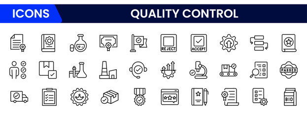 Precise vector web line icons depicting quality control, standards, inspections, testing, and assurance for consistent excellence in processes.