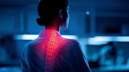 Medical visualization highlighting a scientist's neck and spine pain within a laboratory setting, suggesting potential work related strain or injury