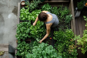 Gathering fresh greens from a home roof garden in a vibrant urban setting on a sunny day, enjoying the satisfaction of homegrown produce and sustainable living
