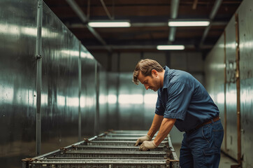 Focused Worker Examining Metal Racks in Industrial Setting