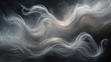Abstract swirls of white and silver smoke with glittering dust and mystical glow against a dark background. Ethereal fluid design in soft grayscale tones.