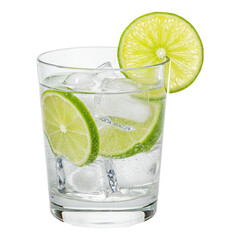 Clear Carbonated Beverage with Lime Slices and Ice in a Rocks Glass. Cut Out, Clipping Path on Transparent Background.