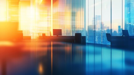 Modern open-plan corporate office with contemporary desks, ergonomic chairs, desktop computers, and bright natural daylight creating a professional and collaborative work environment




