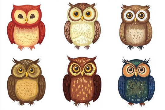 Unique collection of colorful vector owl illustrations showcasing different species with distinct features and playful designs suitable for various creative projects