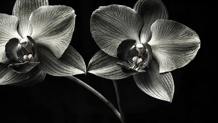 Orchid Duo: Elegant monochrome image showcasing two orchids, the delicate details of their petals are highlighted against the dark backdrop, a timeless expression of beauty and grace.