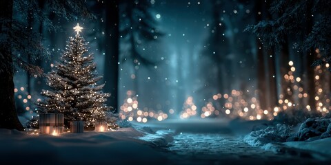 Winter wonderland at night with a beautifully lit Christmas tree and snowy pathway