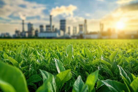 Sustainable energy solutions drive eco-friendly progress in green industry with vibrant fields and modern facilities at sunset