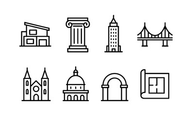 Fototapeta premium Minimalist architectural icon set: diverse building styles and structural designs vector illustration