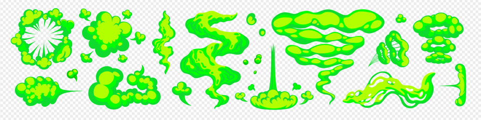 Smell cloud with cartoon smoke in fluorescent green neon colors isolated on transparent background. Stink and odor vector cloud with comic-style effects. Great for humor, games, and stickers
