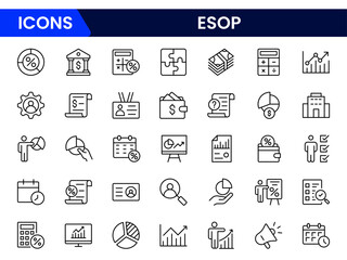 Strategic vector web line icons depicting ESOP, employee ownership, stock plans, benefits, and financial empowerment for workforce engagement.