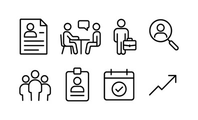 Business icons collection featuring resume, interview, magnifying glass, calendar, and growth arrow vector illustration